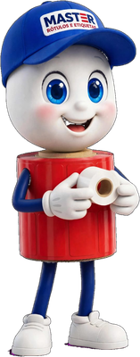 Etiquetinha, mascote da Master, segurando uma bobina
